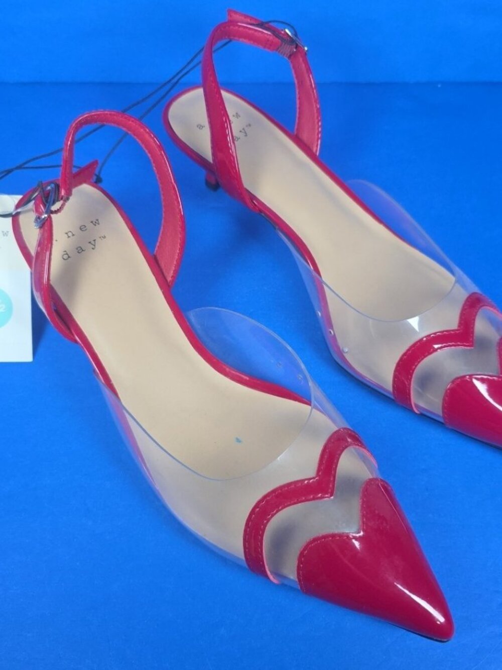 A New Day Shoes Women Red Clear Pointed Toe Heel Eleanor Heart Detail Size 8 1/2